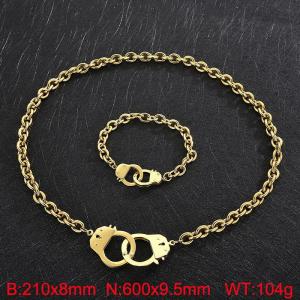 Gold Color O Link Chain Stainless Steel Handcuff Lock Necklace Bracelets Jewelry Sets - KS201147-Z