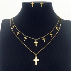 Simple Gold Cross White Cubic Zirconia Earrings Double Chains Pendant Necklace Stainless Steel Jewelry Set For Women - KS201155-MW