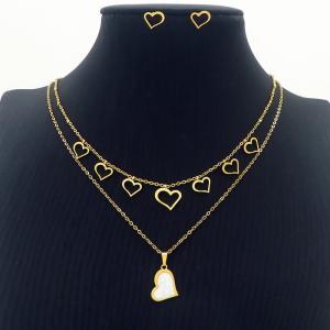 Simple Gold Heart White Rhinestones Earrings Double Chains Pendant Necklace Stainless Steel Jewelry Set For Women - KS201156-MW