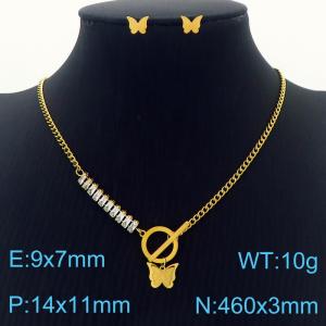 Gold Small Butterfly Pendant Cuban Chain CZ Chain with OT buckle Earrings Sets - KS201157-AF