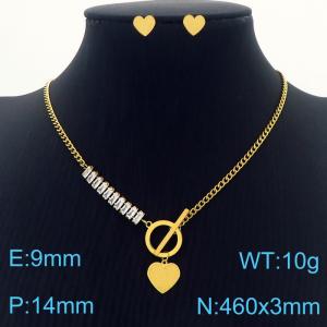 Gold Heart Pendant Cuban Chain CZ Chain with OT buckle Earrings Sets - KS201162-AF