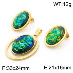 Woman Oval Shape Stainless Steel Earrings&Pendant Jewelry Set with Magnificent Colorful Stone - KS201187-GG
