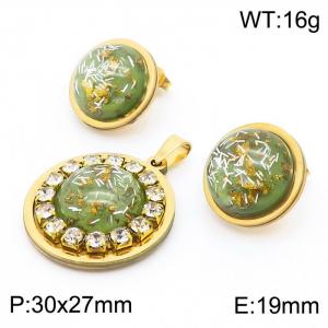 Woman Round Shape Stainless Steel Earrings&Pendant Jewelry Set with Zircons&Gold Flakes Green Charm - KS201189-GG