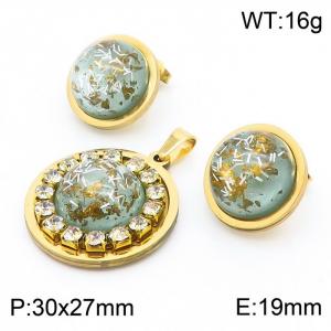 Woman Round Shape Stainless Steel Earrings&Pendant Jewelry Set with Zircons&Gold Flakes Cyan Charm - KS201190-GG