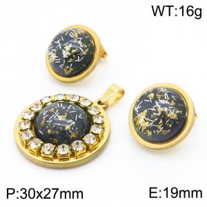 Woman Round Shape Stainless Steel Earrings&Pendant Jewelry Set with Zircons&Gold Flakes Black Charm - KS201191-GG