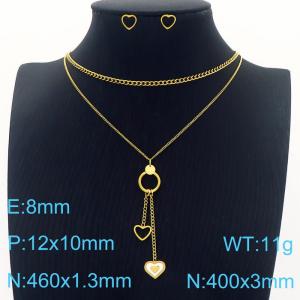 Heart Shape Stainless Steel Double Chain Earrings Pendant Necklace Jewelry Set For Women - KS201199-HDJ