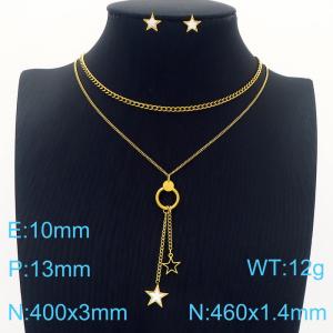 Two Layers Gold Star Earrings Double Chain Pendant Necklace Stainless Steel Jewelry Set For Women - KS201202-HDJ