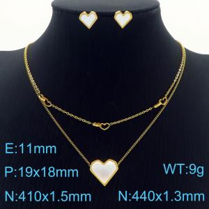 Two Layers Heart Earrings Double Chain Pendant Necklace Stainless Steel Jewelry Set For Women - KS201203-HDJ