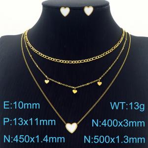 Gold Heart Earrings Three Chains Pendant Necklace Stainless Steel Jewelry Set For Women - KS201204-HDJ