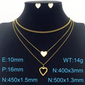 Gold Heart Earrings Three Chains Pendant Necklace Stainless Steel Jewelry Set For Women - KS201205-HDJ