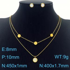 Gold Circle Earrings Double Chains Pendant Necklace Stainless Steel Jewelry Set For Women - KS201207-HDJ