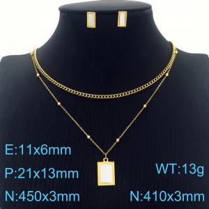 Gold Square Earrings Double Chains Pendant Necklace Stainless Steel Jewelry Set For Women - KS201208-HDJ