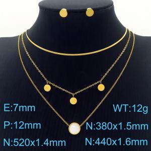 Gold Circle Earrings Three Chains Pendant Necklace Stainless Steel Jewelry Set For Women - KS201209-HDJ