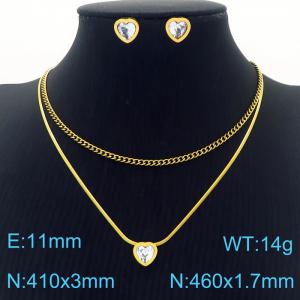 Heart White Cubic Zirconia Earrings Double Chains Pendant Necklace Stainless Steel Jewelry Set For Women - KS201210-HDJ