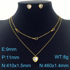 Heart White Cubic Zirconia Earrings Double Chains Pendant Necklace Stainless Steel Jewelry Set For Women - KS201211-HDJ
