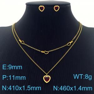 Heart Red Cubic Zirconia Earrings Double Chains Pendant Necklace Stainless Steel Jewelry Set For Women - KS201212-HDJ