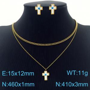 Gold Cross Eye Earrings Double Chains Pendant Necklace Stainless Steel Jewelry Set For Women - KS201214-HDJ