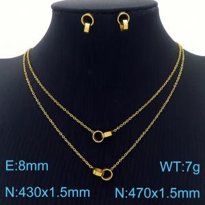 Gold Circle Earrings Double Chains Pendant Necklace Stainless Steel Jewelry Set For Women - KS201216-HDJ