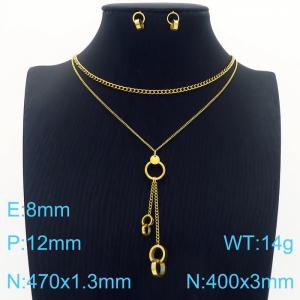 Gold Circle Earrings Double Chains Pendant Necklace Stainless Steel Jewelry Set For Women - KS201217-HDJ
