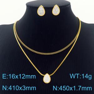 Water Drop White Rhinestones Earrings Double Chains Pendant Necklace Stainless Steel Jewelry Set For Women - KS201218-HDJ