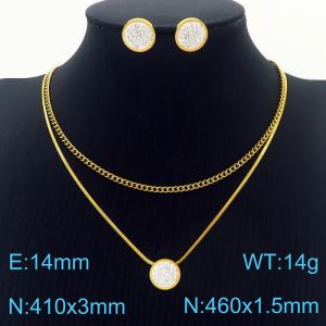 Gold Circle White Rhinestones Earrings Double Chains Pendant Necklace Stainless Steel Jewelry Set For Women - KS201219-HDJ