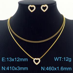 Gold Heart White Rhinestones Earrings Double Chains Pendant Necklace Stainless Steel Jewelry Set For Women - KS201220-HDJ