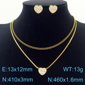 Double Gold Heart White Rhinestones Earrings Double Chains Pendant Necklace Stainless Steel Jewelry Set For Women - KS201221-HDJ