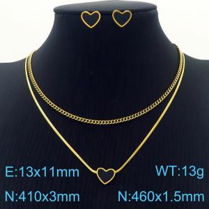 Simple Gold Heart Earrings Double Chains Pendant Necklace Stainless Steel Jewelry Set For Women - KS201222-HDJ