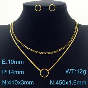 Simple Gold Circle Earrings Double Chains Pendant Necklace Stainless Steel Jewelry Set For Women - KS201223-HDJ