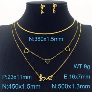 Simple Gold Heart “Love” Earrings Double Chains Pendant Necklace Stainless Steel Jewelry Set For Women - KS201224-HDJ