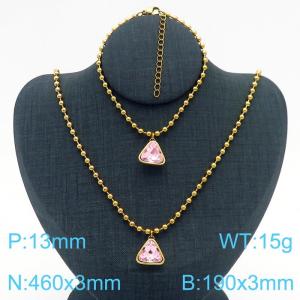 Stainless steel triangle glass Round bead chain women's French geometry gold two-piece set - KS201286-Z