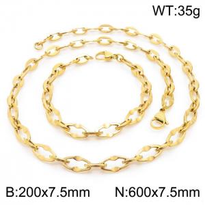 7.5mm Width Gold-Plated Stainless Steel Oval Links 600mm Necklace&200mm Bracelet Jewelry Set - KS201392-Z