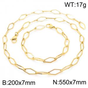 7mm Width Gold-Plated Stainless Steel Diamond Shape Links 550mm Necklace&200mm Bracelet Jewelry Set - KS201419-Z