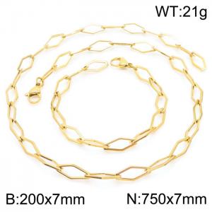 7mm Width Gold-Plated Stainless Steel Diamond Shape Links 750mm Necklace&200mm Bracelet Jewelry Set - KS201423-Z