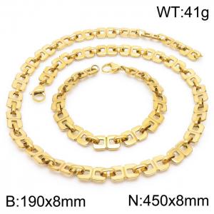 8mm Width Gold-Plated Stainless Steel Squre Hole Links 450mm Necklace&190mm Bracelet Jewelry Set - KS201431-Z