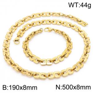 8mm Width Gold-Plated Stainless Steel Squre Hole Links 500mm Necklace&190mm Bracelet Jewelry Set - KS201432-Z