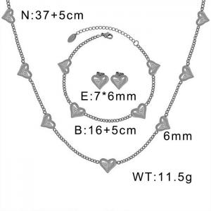 Silver Lightweight Cable Chain Necklace + Bracelet + Earrings with Love Charm Stainless Steel Jewelry Set for Women - KS201511-WGML