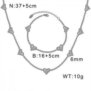 Silver Lightweight Cable Chain Necklace + Bracelet with Love Charm Stainless Steel Jewelry Set for Women - KS201513-WGML