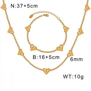 Gold Plated Lightweight Cable Chain Necklace + Bracelet With Love Charm Stainless Steel Jewelry Set For Women - KS201514-WGML