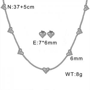 Silver Lightweight Cable Chain Necklace + Earrings with Love Charm Stainless Steel Jewelry Set for Women - KS201515-WGML