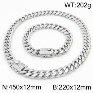 Stainless steel 220 × 12mm&450 × 12mm Cuban Chain Simple Diamond Buckle Classic Fashion Silver Jewelry Set - KS201536-KFC