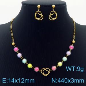 Stainless steel 440 × 3mm Long Chain Beautiful 5 Colorful Beads Heart shaped Pendant Earrings Charm Gold Set - KS201538-MN