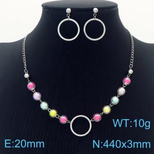 Stainless steel 440 × 3mm Long Chain Beautiful 5 Colorful Beads Circle Pendant Earrings Charming Silver Set - KS201539-MN