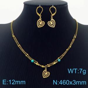 Stainless steel 460 × 3mm Long Chain Fashion Blue Beads Heart shaped Pendant Earrings Charm Gold Set - KS201540-MN