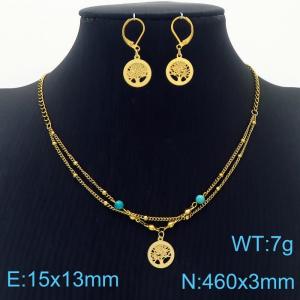 Stainless steel 460 × 3mm Long Chain Fashion Blue Bead Tree Pendant Earrings Charm Gold Set - KS201541-MN