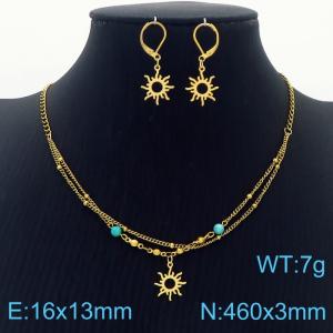 Stainless steel 460 × 3mm Long Chain Fashion Blue Beads Sun Pendant Earrings Charm Gold Set - KS201542-MN