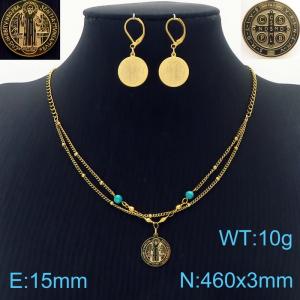 Stainless steel 460 × 3mm Long Chain Fashion Blue Beads Round Cross Pattern Pendant Earrings Charm Gold Set - KS201543-MN