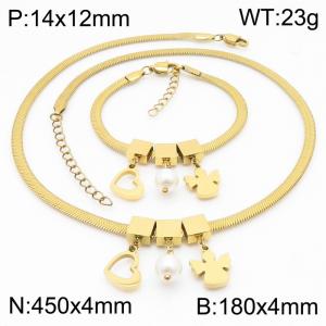 Gold Color Heart Pearl Angle Chunky Chain Stainless Steel Pendant Bracelet Necklace For Women Jewelry sets - KS203072-KFC