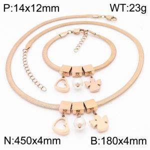 Rose Gold Color Heart Pearl Angle Chunky Chain Stainless Steel Pendant Bracelet Necklace For Women Jewelry sets - KS203073-KFC