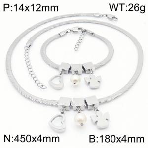 Silver Color Heart Pearl Angle Chunky Chain Stainless Steel Pendant Bracelet Necklace For Women Jewelry sets - KS203074-KFC